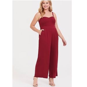 Torrid Wine Red Challis strapless wide leg jumpsuit size 00